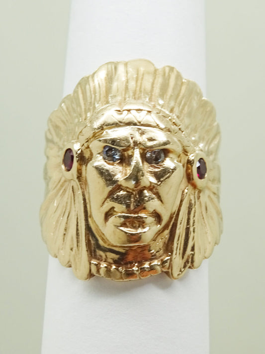 Native American Indian Chieftain Head Garnet & Diamond Ring 14k Gold Size 9.25