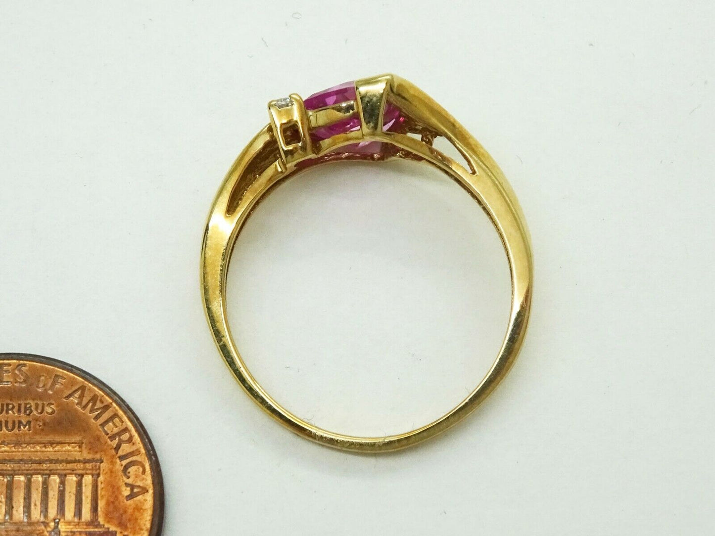 Lab-Created Trillion-Cut Pink Sapphire & CZ Ring 10k Gold Size 7