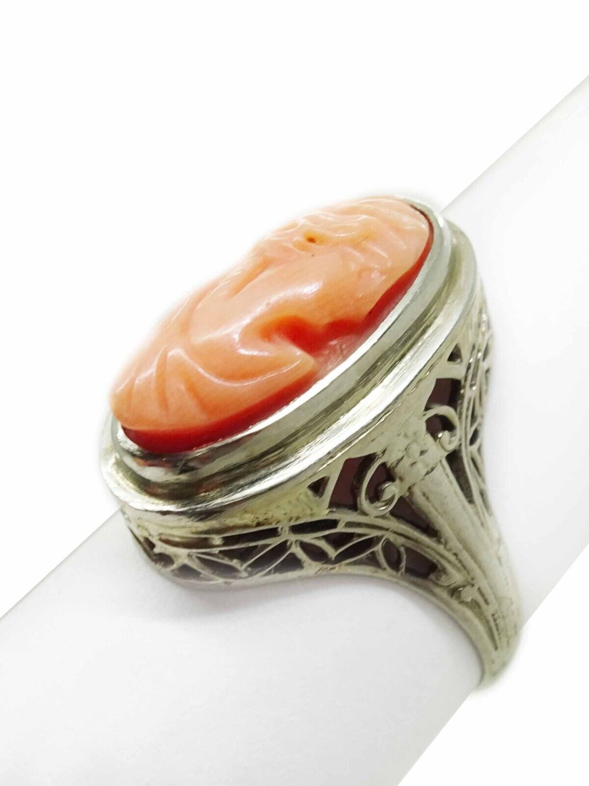 Salmon Coral Cameo Filigree Ring 18k White Gold Size 5.75