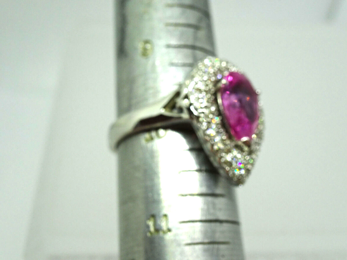 Synthetic Pink Gem & CZ Ring Rhodium Plated Sterling Silver Size 10