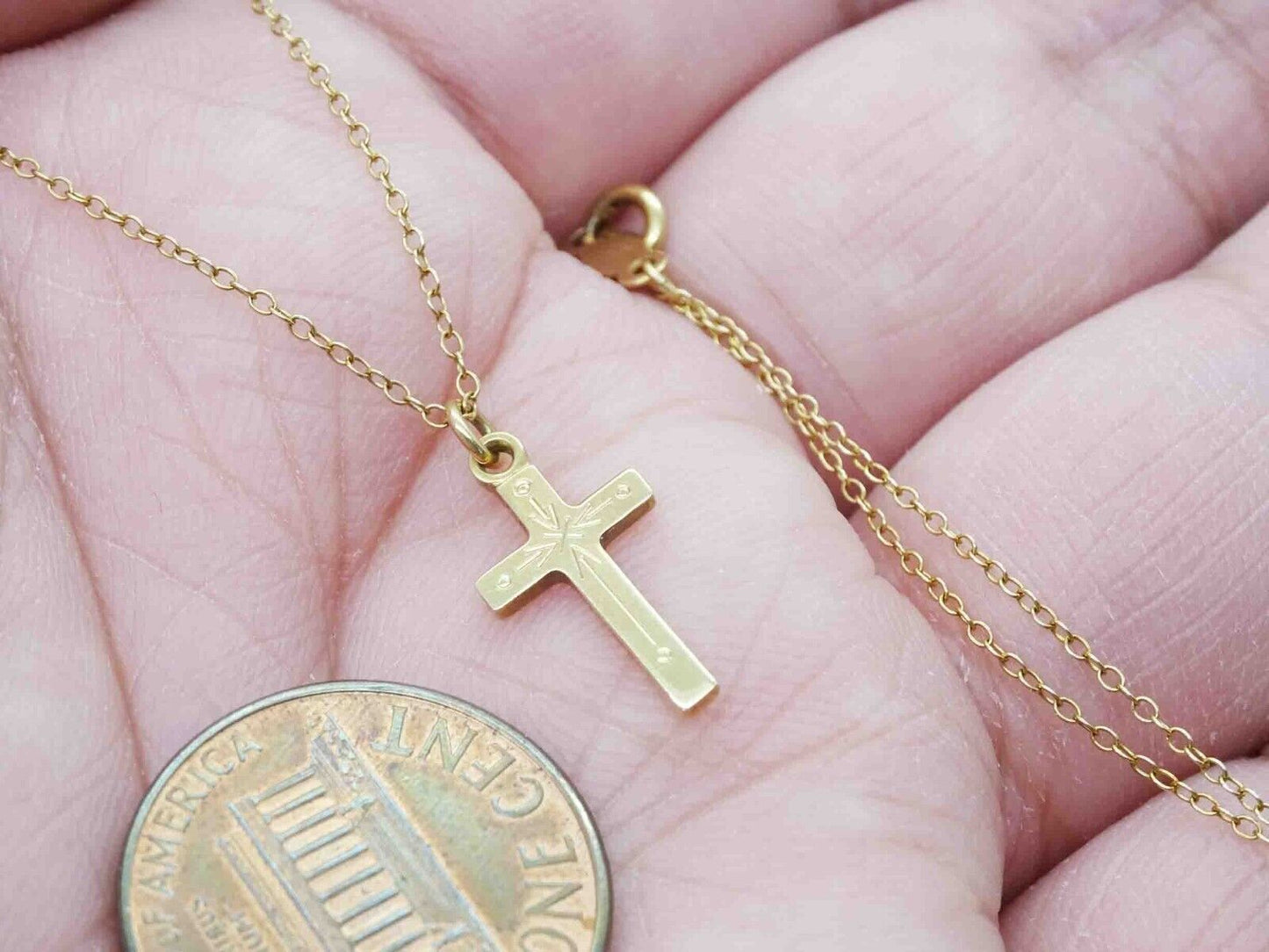 B.A. Ballou Signed Cross Charm Pendant Chain Necklace 14k Gold