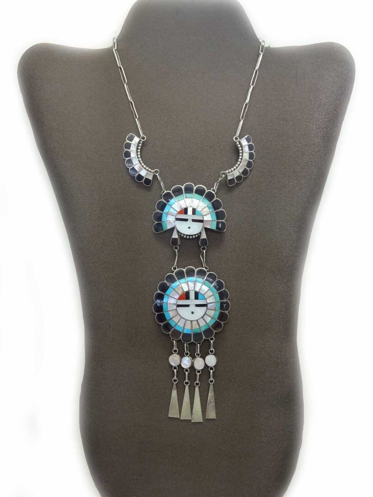 J.D. Massie Inlay Turquoise Coral Jet Mother-of-Pearl Zuni Sun God Necklace