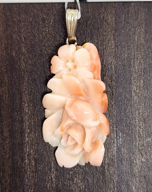 Carved Floral Angel Skin Coral Sterling Silver Pendant 1.25" Long