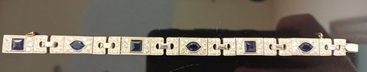 Antique Art Deco Rhinestone Bracelet Dark Cobalt Blue & Clear Sparkly Crystals