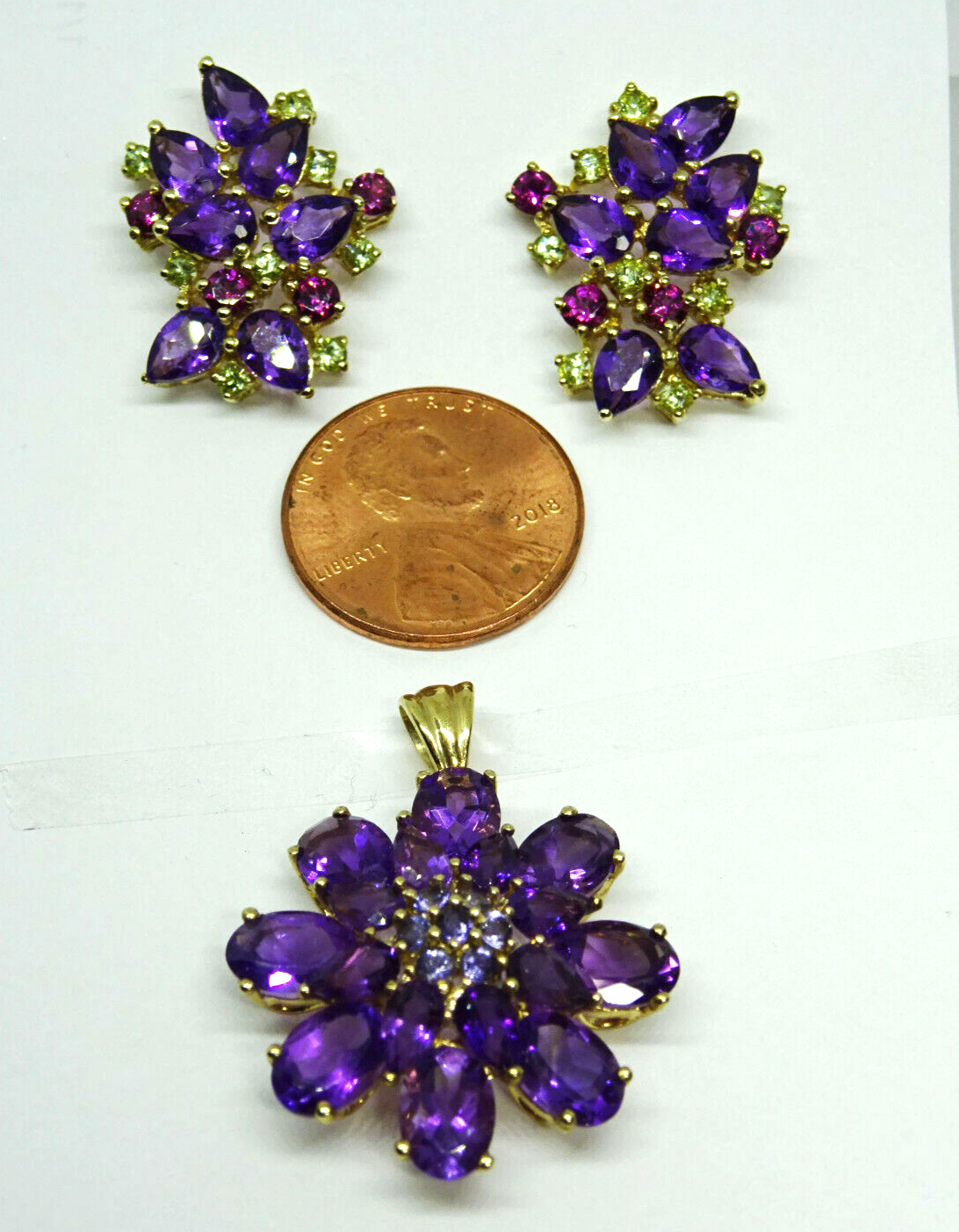 Amethyst Tourmaline Peridot Earrings & Pendant Set 10k Gold