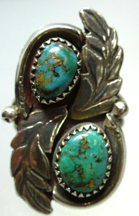 Large Old Pawn Native American Navajo Sterling & Turquoise Ring, Sawtooth Bezel