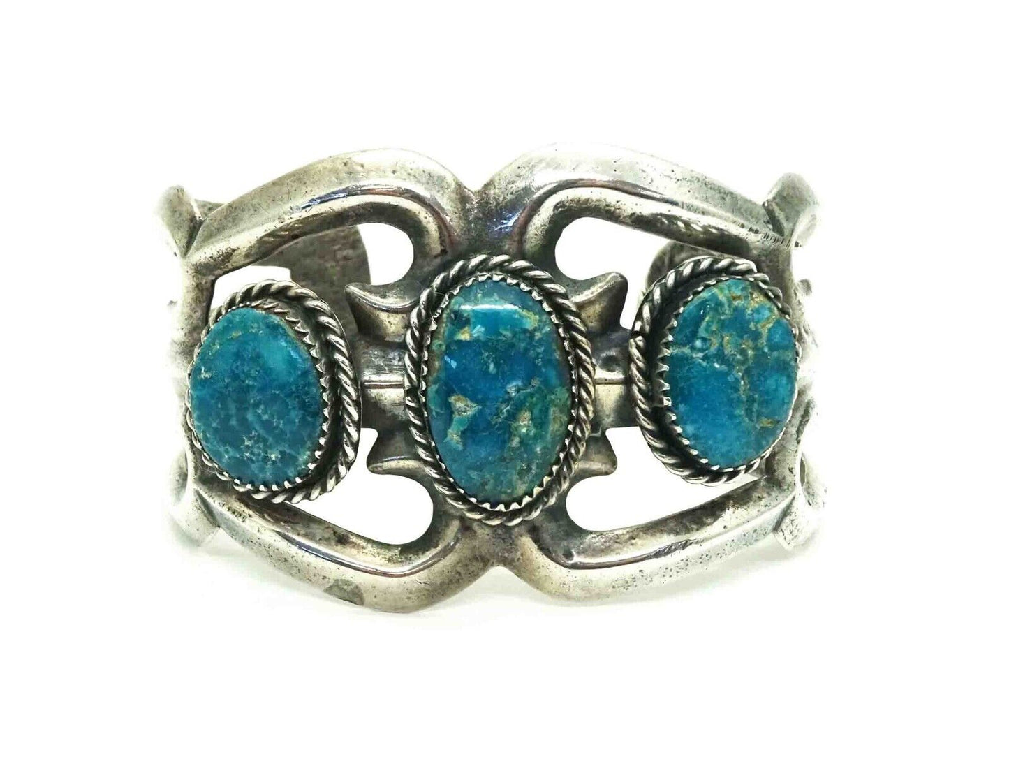 Old Pawn Southwest 3-Stone Turquoise Openwork Cuff Bracelet Sterling Silver