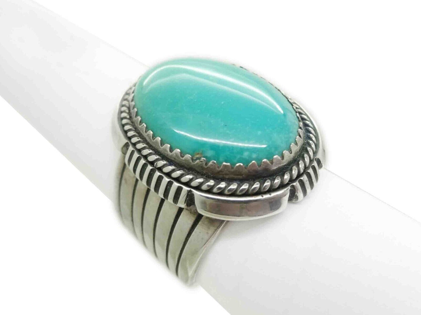 Navajo Artisan Denetdale Oval Turquoise Cabochon Ring Sterling Silver Size 9.5