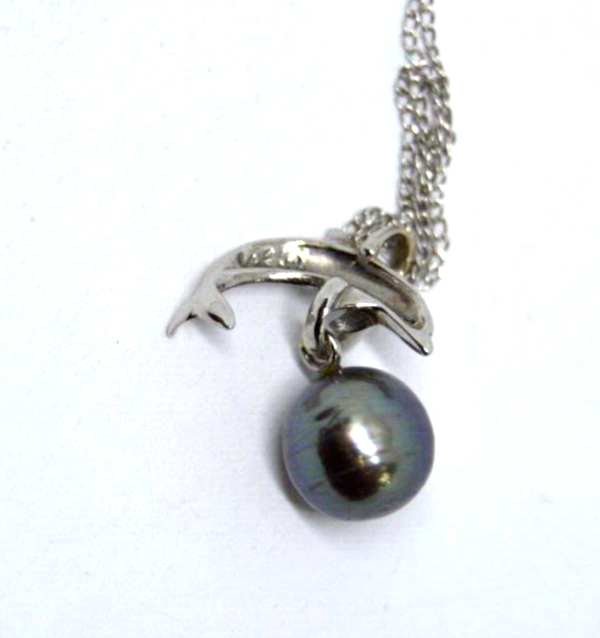 9mm Black Pearl & Diamond 14k White Gold Dolphin Pendant