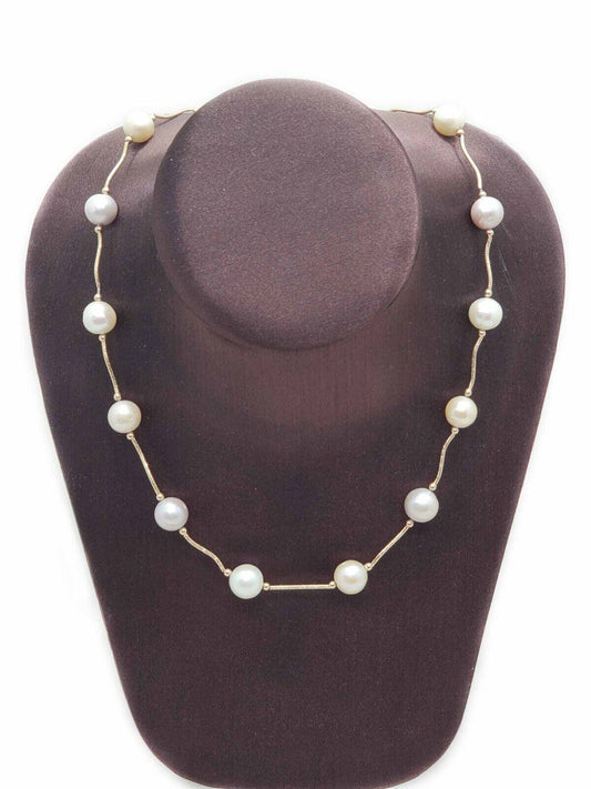 Akoya Pearl Station & 14k Gold Dia-Cut Tube Link Necklace
