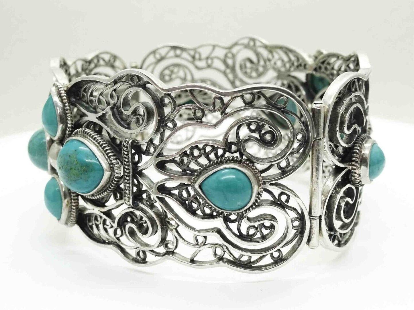 Turquoise Cabochon Openwork Filigree Hinged Bangle Bracelet Sterling Silver