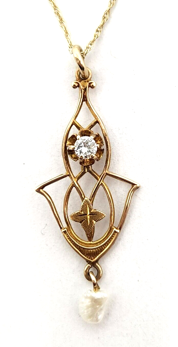 Victorian Lavalier 0.1ct Diamond & Seed Pearl 10k Gold Pendant, 18'' Long