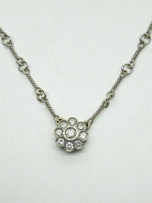 0.5ct tw Diamond Flower Halo Pendant Chain Necklace 18k White Gold 16"