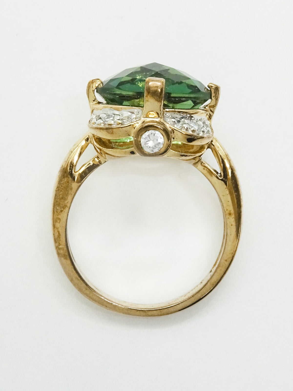 Oval Faceted Fantasy Green Stone & CZ Gold Plated Ring Size 6