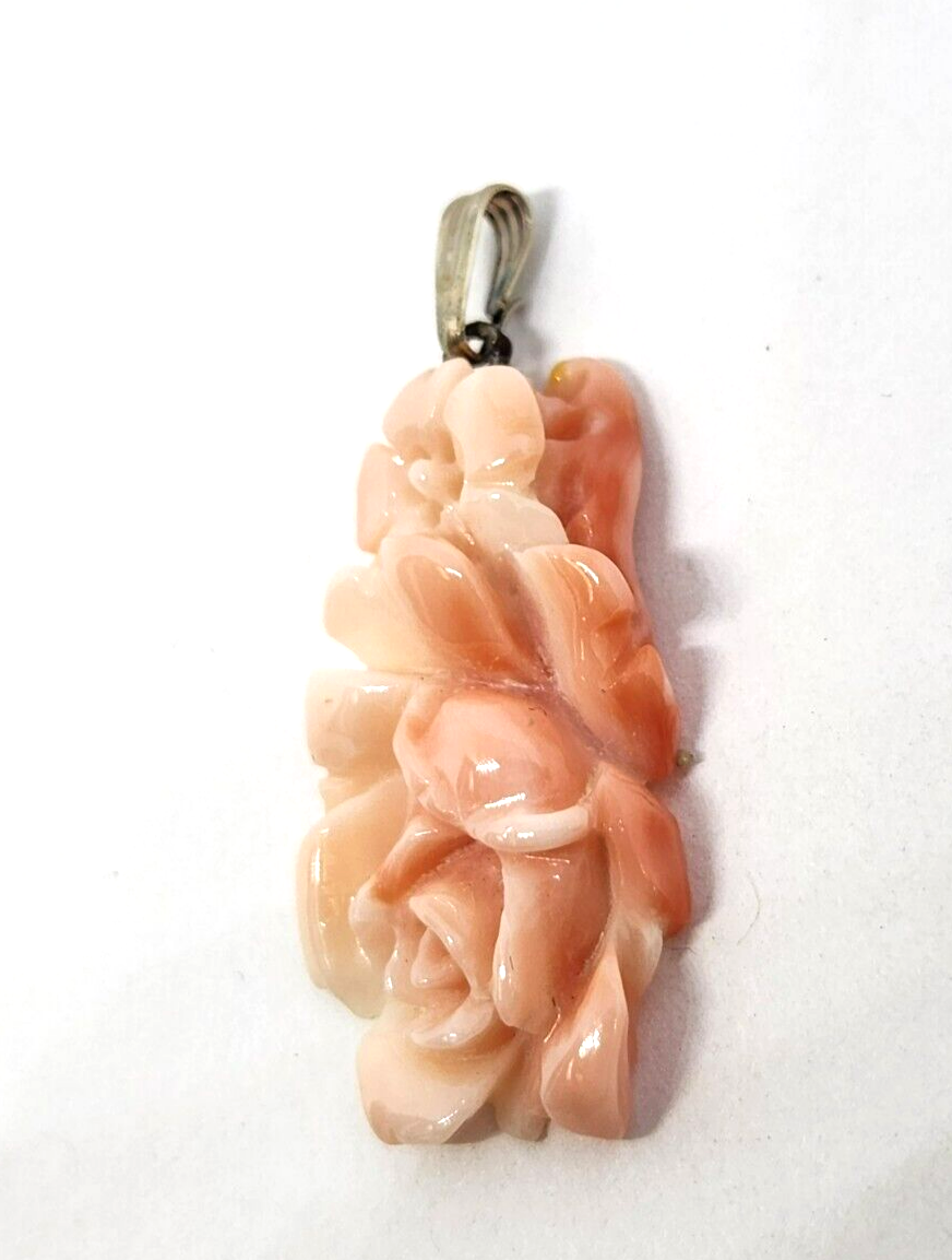 Carved Floral Angel Skin Coral Sterling Silver Pendant 1.25" Long