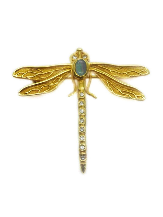 Natural Opal Triplet & Earth Mined Diamond Dragonfly Brooch Pin 18kt Gold