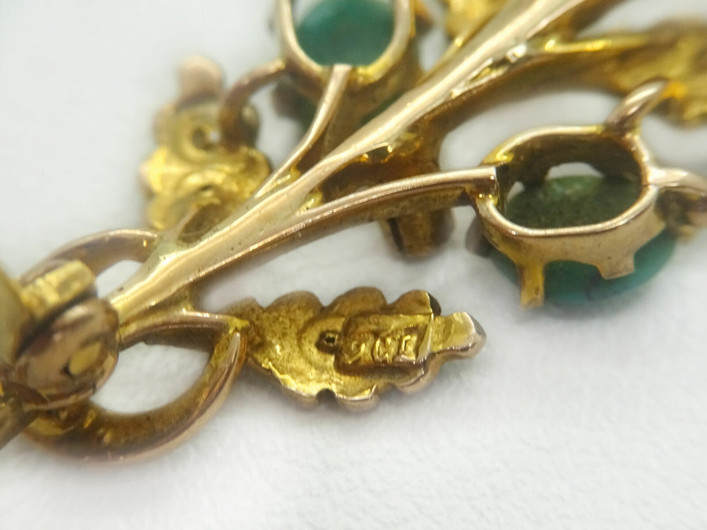 Victorian 9k Yellow Gold Turquoise & Seed Pearl Floral Pin Brooch