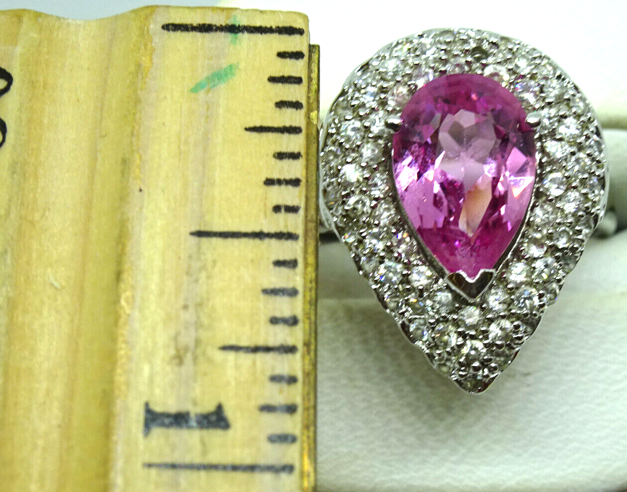 Synthetic Pink Gem & CZ Ring Rhodium Plated Sterling Silver Size 10