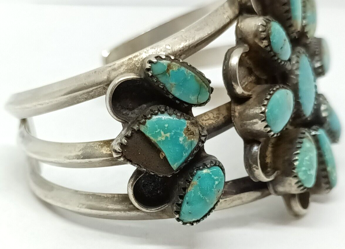 Native American Sawtooth Bezel Turquoise Sterling Silver Cuff 51.1 grams