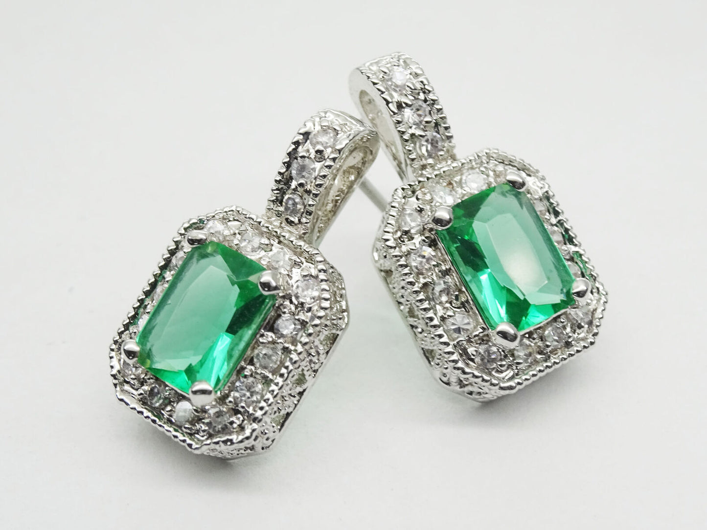 Green Em-Cut CZ Sterling Silver Dangle Earrings