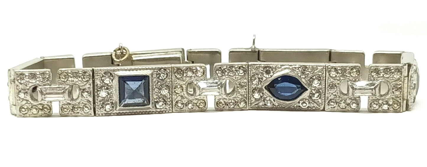 Antique Art Deco Rhinestone Bracelet Dark Cobalt Blue & Clear Sparkly Crystals