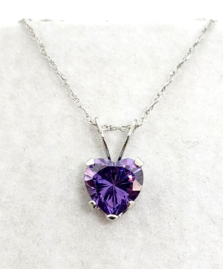 Heart Purple CZ 10k White Gold Necklace, 18'' Long