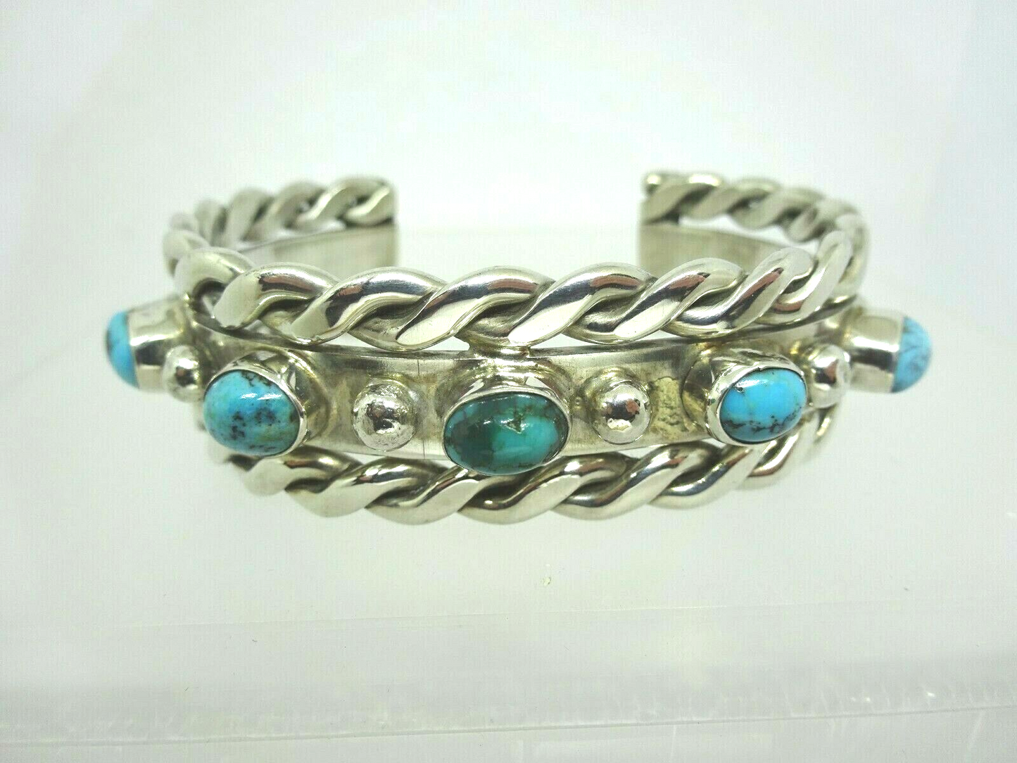 Navajo Native American Turquoise Sterling Silver Braid Cuff Bracelet