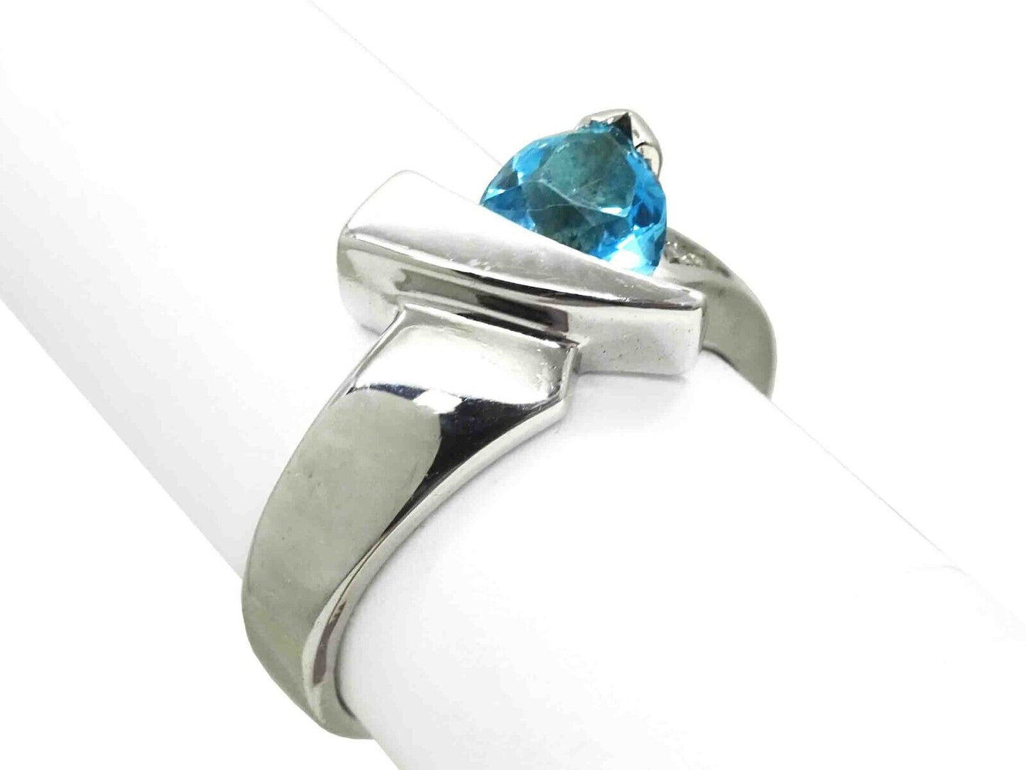 Trillion-Cut Natural Blue Topaz & Diamond Ring 14k White Gold Size 7