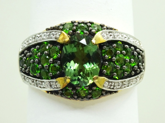 Green Tourmaline & Colorless Topaz Ring Vermeil Sterling Silver Size 10