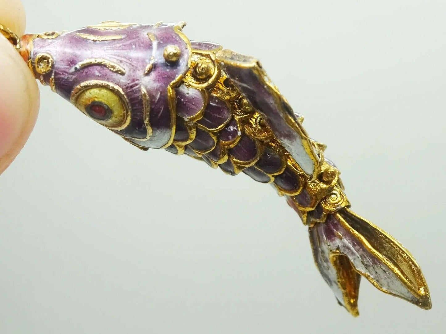 Vintage Chinese Sterling Gold Wash Purple Enamel Articulated Fish Pendant