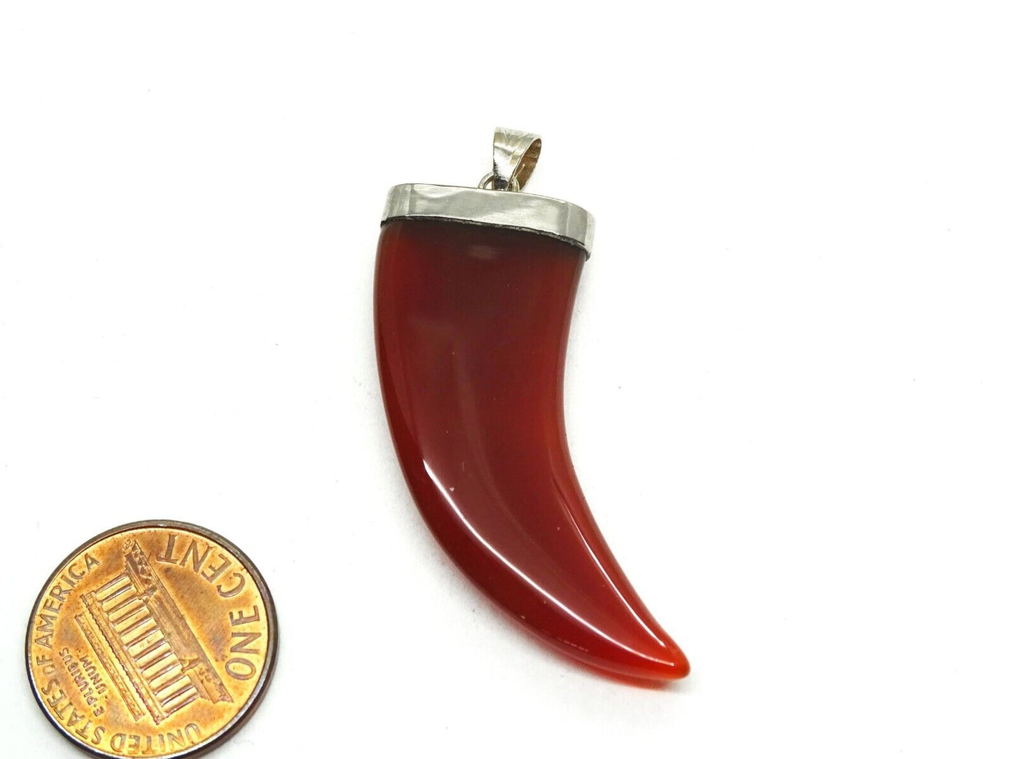 Large Carnelian Horn Shaped Pendant Rhodium Plated Setting New Old Stock