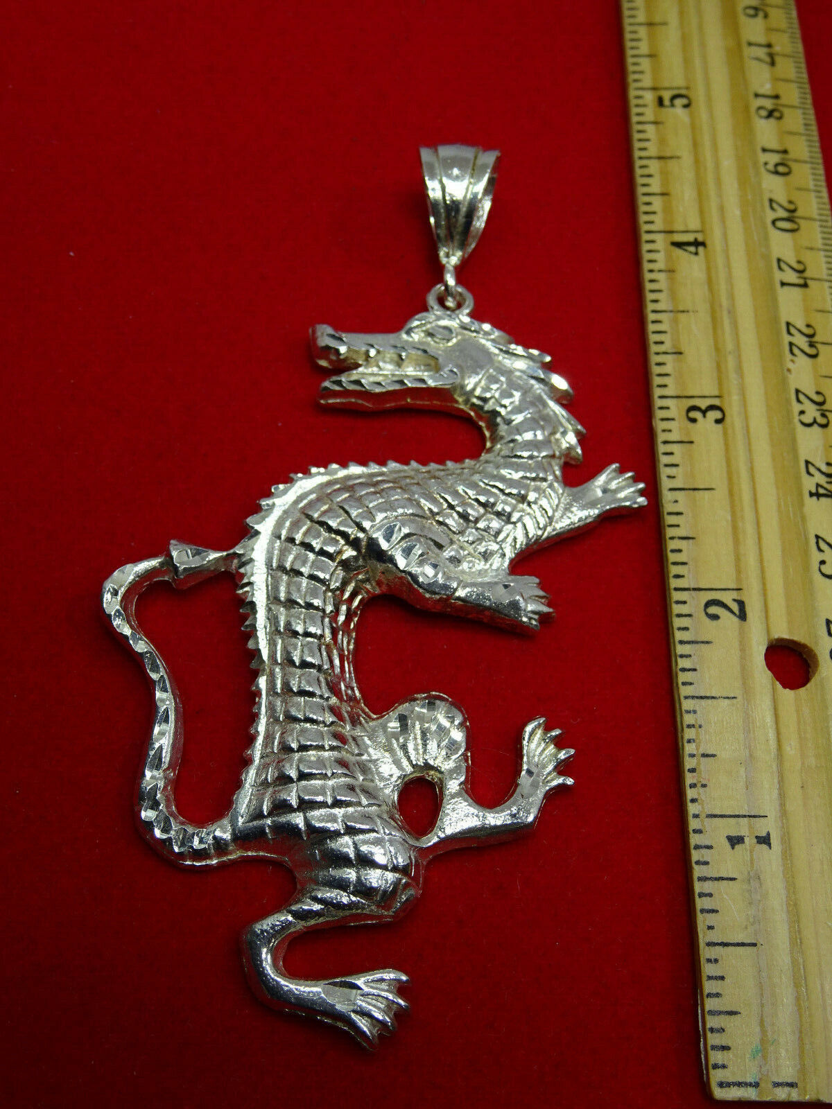 Large Dia-Cut Dragon Statement Pendant 925 Sterling Silver 37 Grams