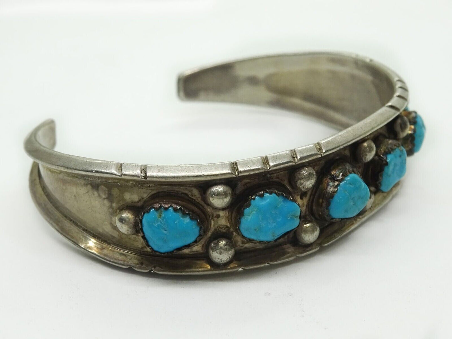 Estate Helen Long Navajo Artisan Signed Sterling Silver Turquoise Cuff Bracelet