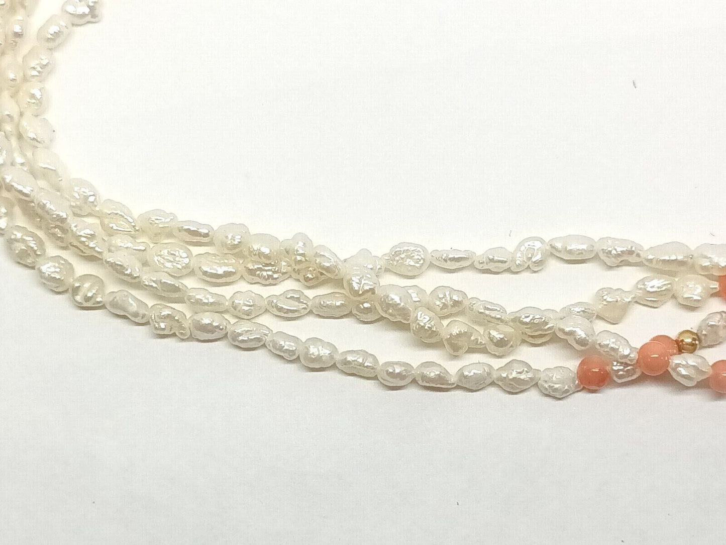 Freshwater Pearl and Coral 14k Yellow Gold 4 Strand Bead Necklace + Bonus