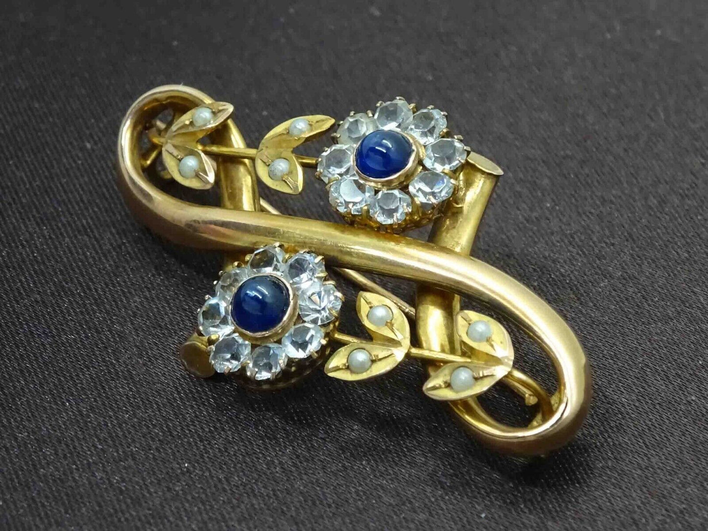 Antique EROV Sapphire & Seed Pearl & Crystal Floral Brooch Pin 14k Gold