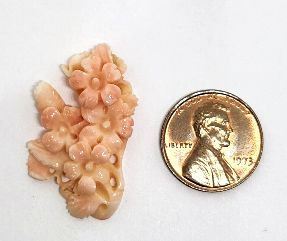 Carved Floral Angel Skin Coral Charm 1.25" Long