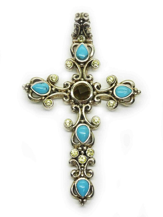 Barse Designer Turquoise CZ Smoky Quartz Sterling Silver Cross Pendant