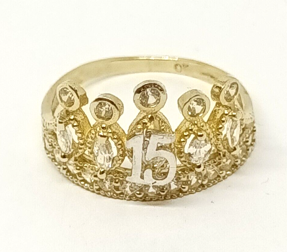 10k Yellow Gold 15 Anos Quinceanera Crown CZ Ring Size 7.5