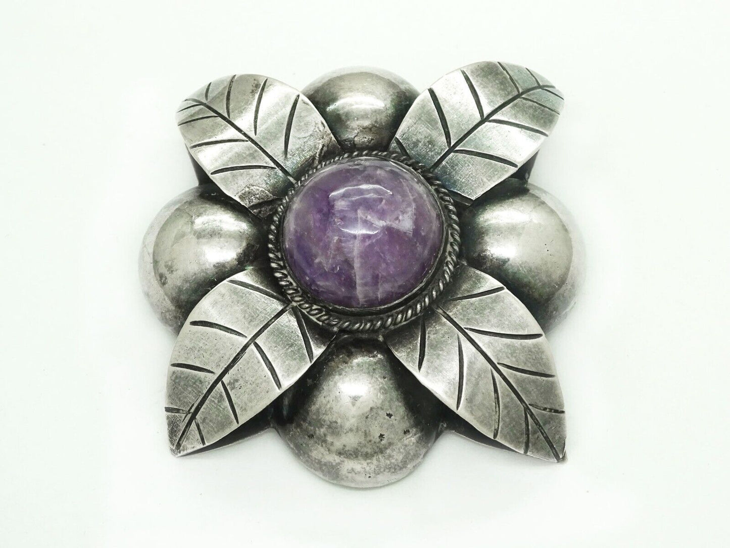 Large Amethyst Round Cabochon Flower Brooch Pin Mexico Sterling Silver