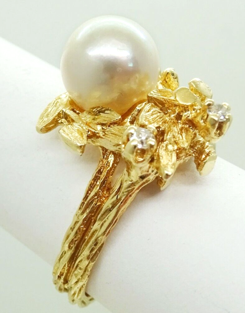 9mm Akoya Pearl & Earth Mined Diamond Leaf Design Ring 14k Gold Size 6.75