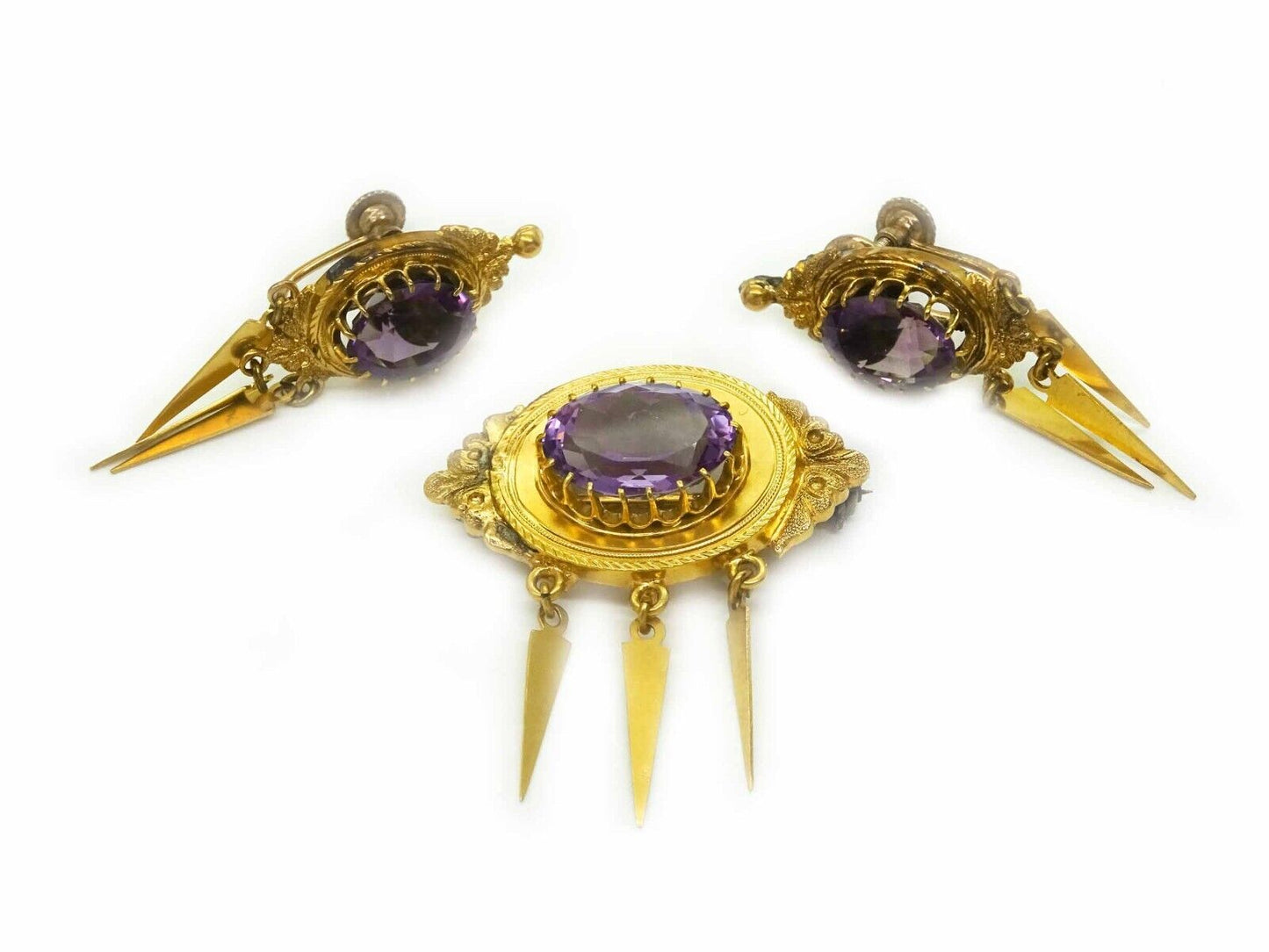 Antique Etruscan Revival Amethyst Brooch & Earrings Set 16k Gold