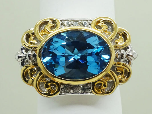 Oval Faceted Blue Topaz & CZ 2-Tone Sterling Silver Ring Size 10