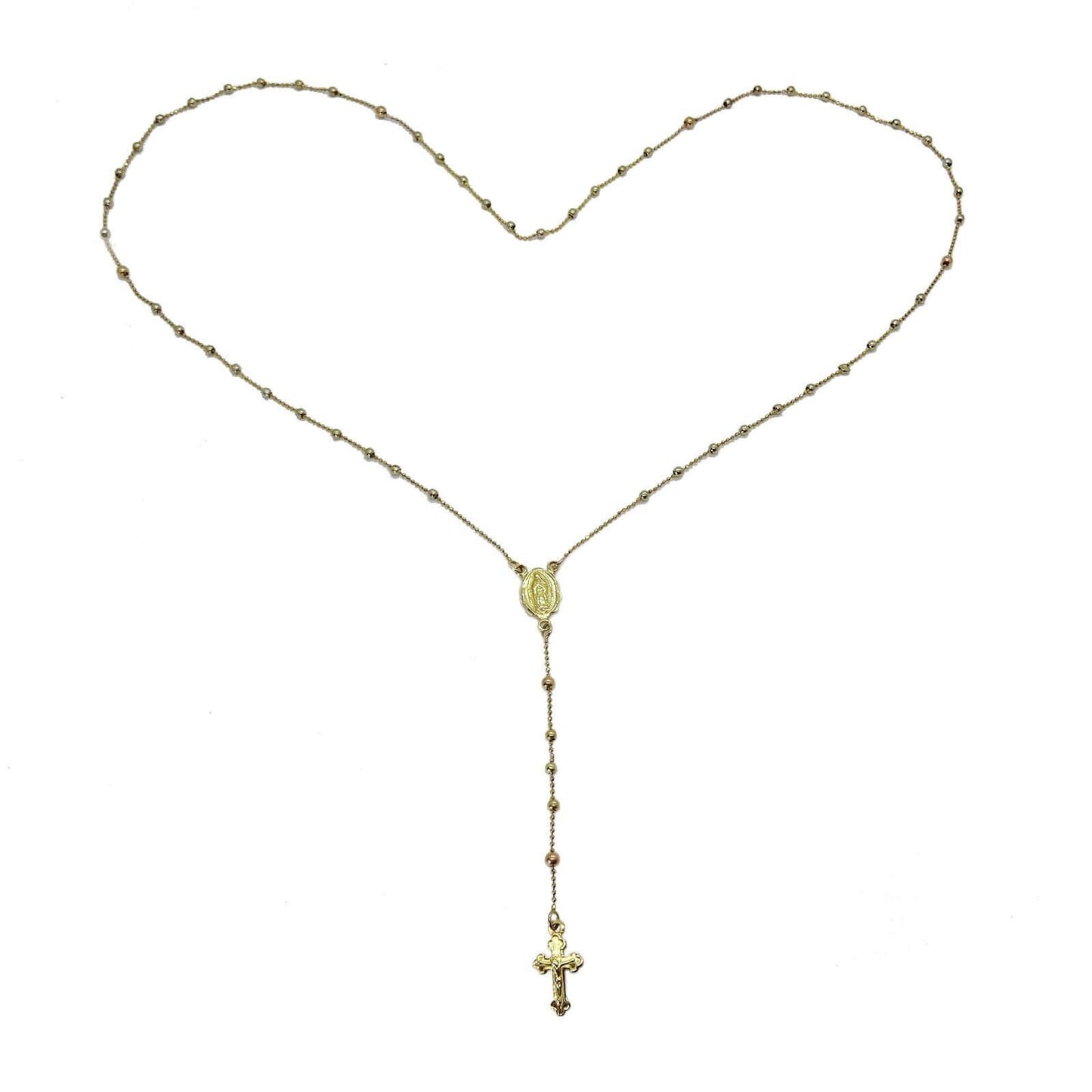 14k Tricolor Gold Rosary Necklace, Bead Stations, Emblem, Crucifix