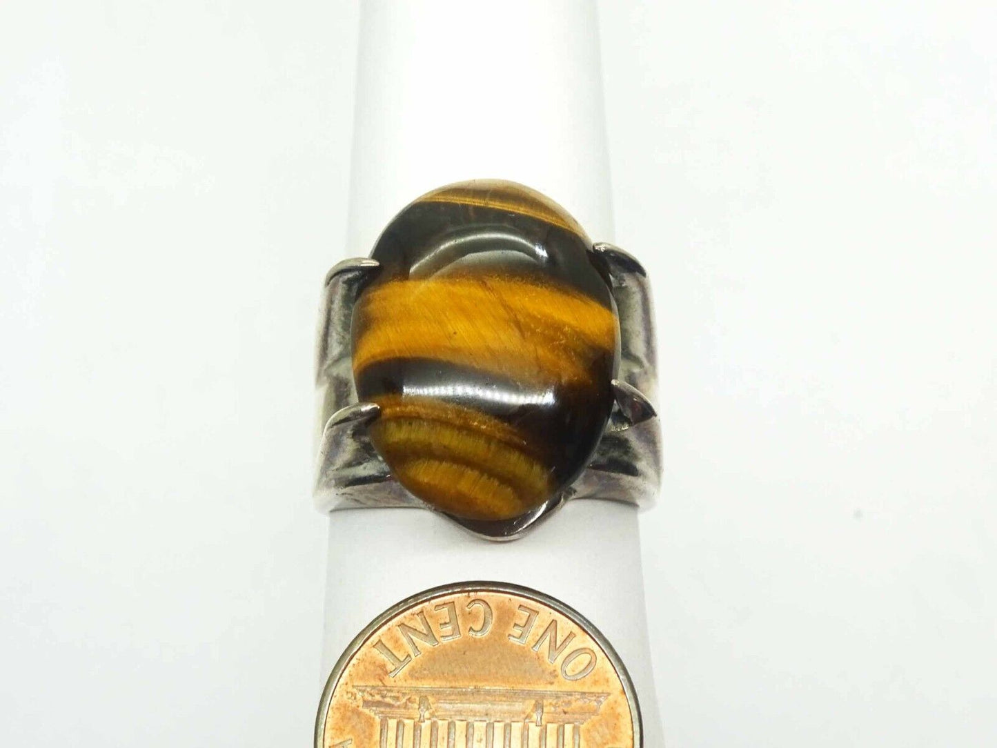 Large Oval Tiger’s Eye Cabochon Ring Solid Sterling Silver Size 10.5