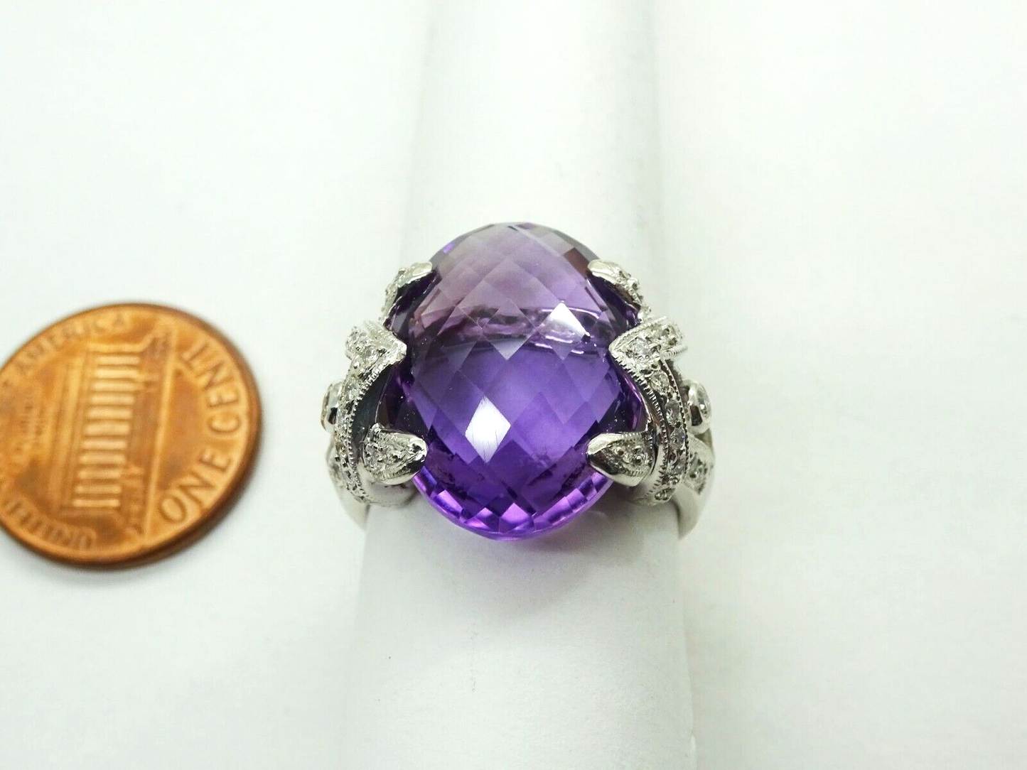 10.5ct tw Fancy Natural Amethyst & Diamond Accent Ring 14k White Gold Size 7.25