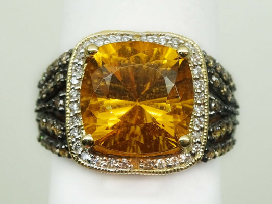 LeVian Citrine Cushion & Chocolate Vanilla Diamond Ring 14k Gold Size 6.75