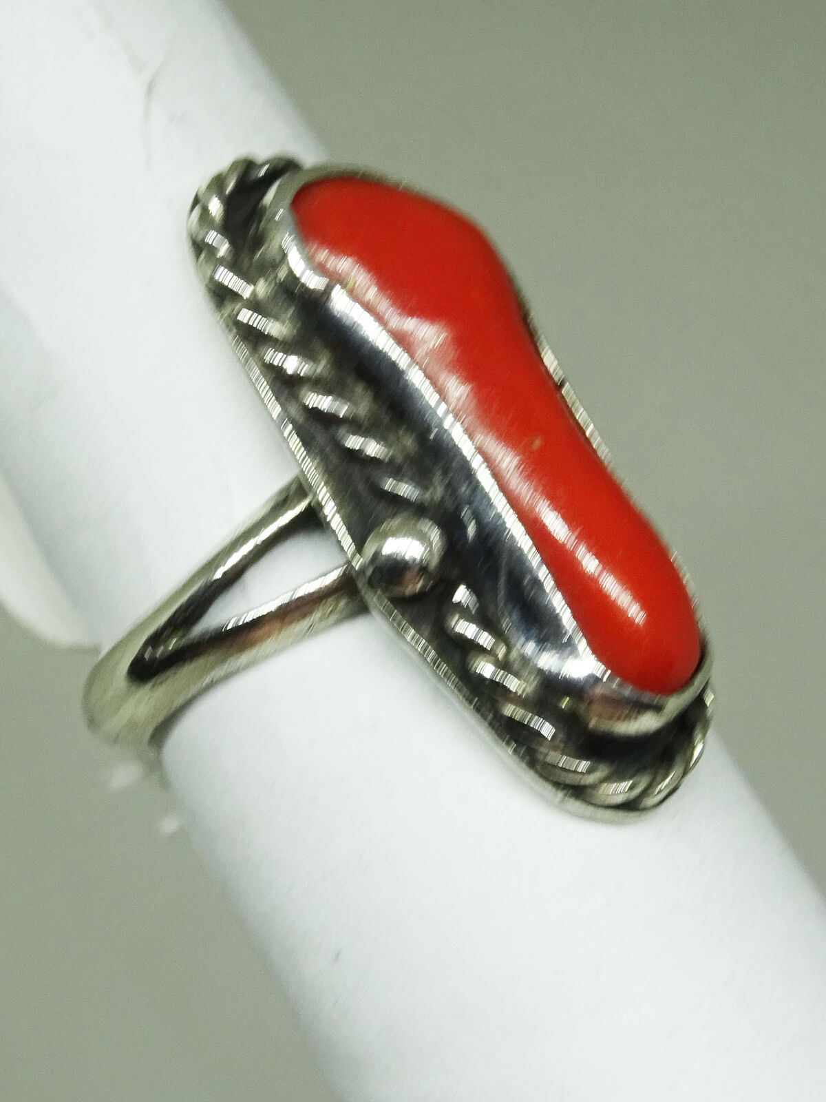 Southwest Long Freeform Red Coral Sterling Silver Ring Size 4.5