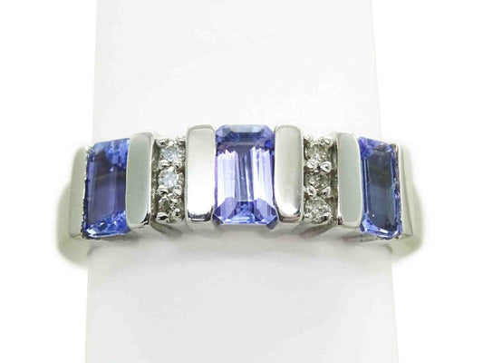 New Old Stock 3-Stone Tanzanite & Diamond Ring 14k White Gold Size 7