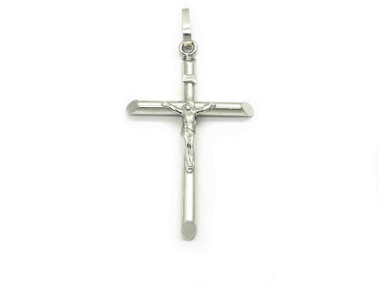 Slant End Tube Design Crucifix Pendant 14k White Gold