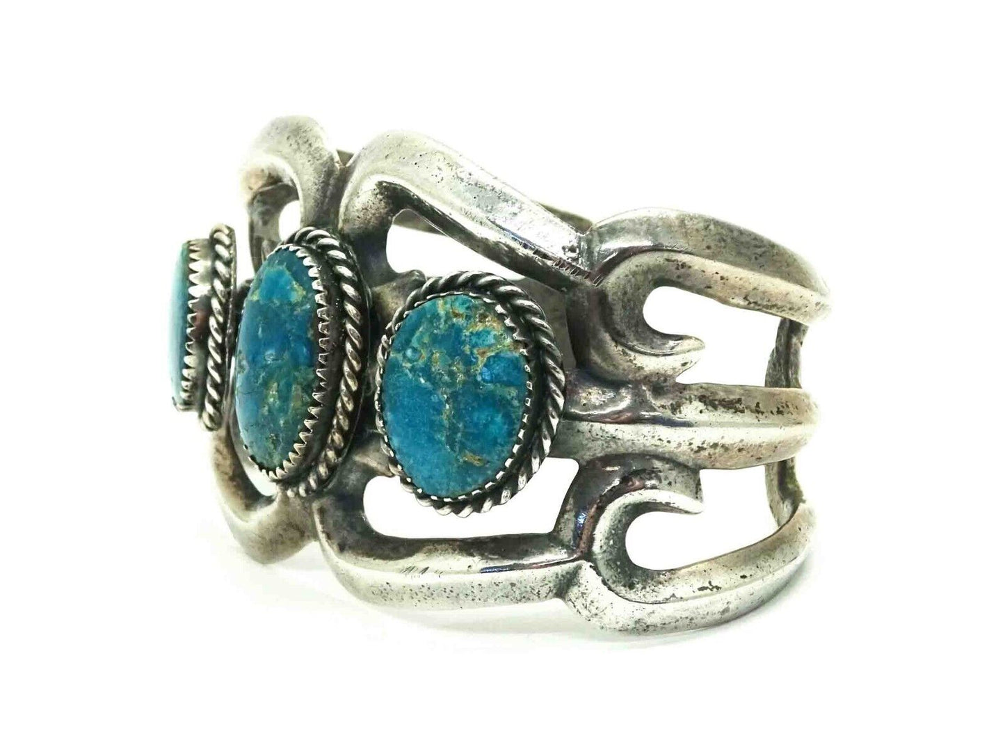 Old Pawn Southwest 3-Stone Turquoise Openwork Cuff Bracelet Sterling Silver